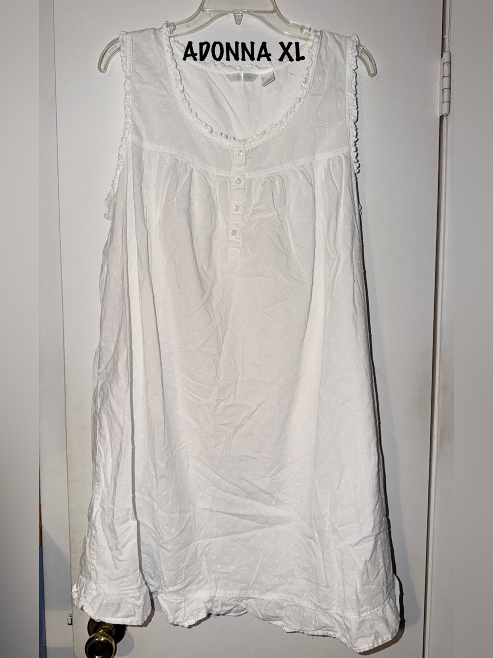 Adonna White Sleeveless Cotton Nightgown with Button Front